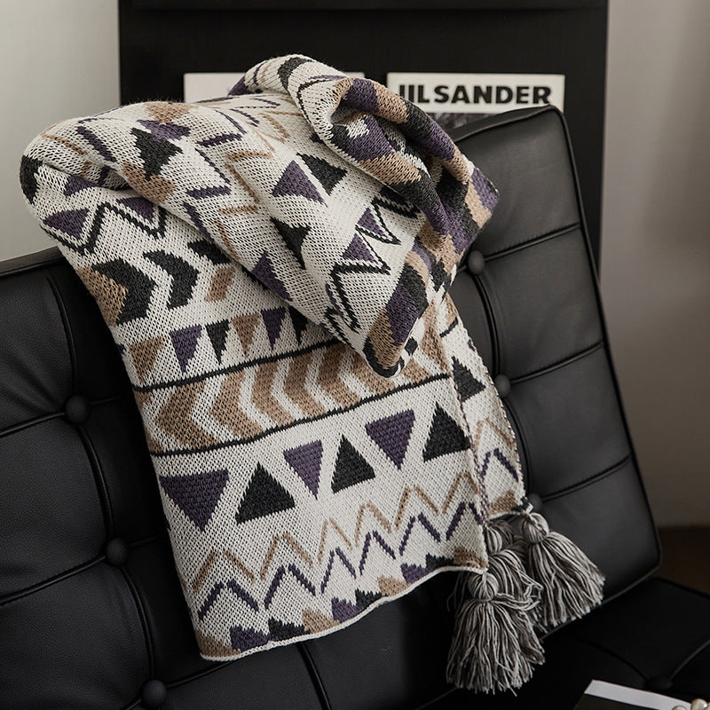 Patterned throw blanket in ethnic knit design with tassels