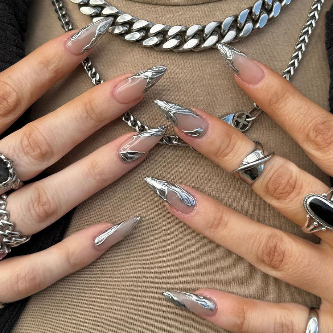 Artistic Acrylic Stiletto Nails with Elegant Metallic Decorations Kalsten