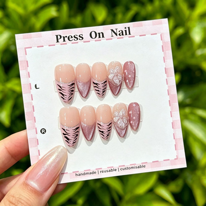 Artistic Press-On Nail Set with Customizable Floral and Tiger Stripe Design