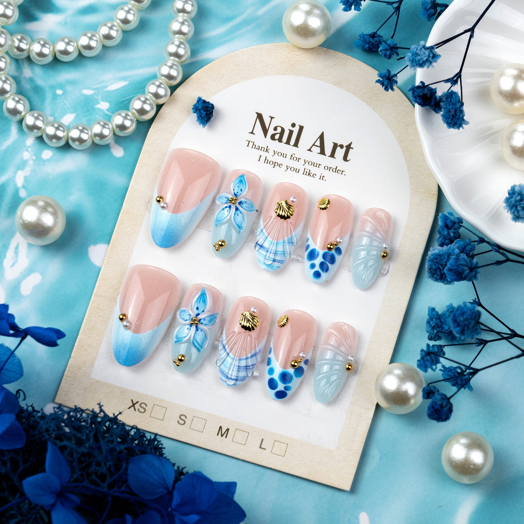 Decorative Press-On Nail Set with Ocean-Inspired Aesthetic