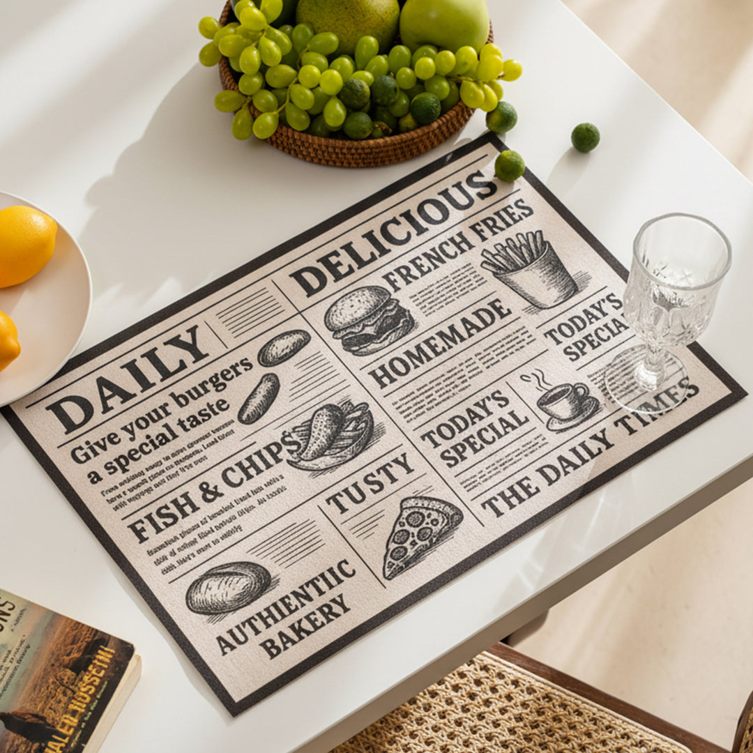 Kitchen runner rug in retro food newspaper print