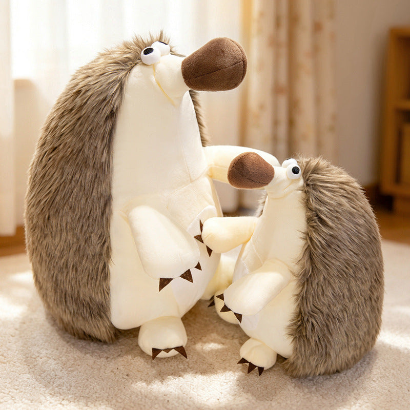 Plush Sitting Long-Fur Hedgehog Comforter Toy with Oversized Snout and Soft Bean-Fill Body Kalsten