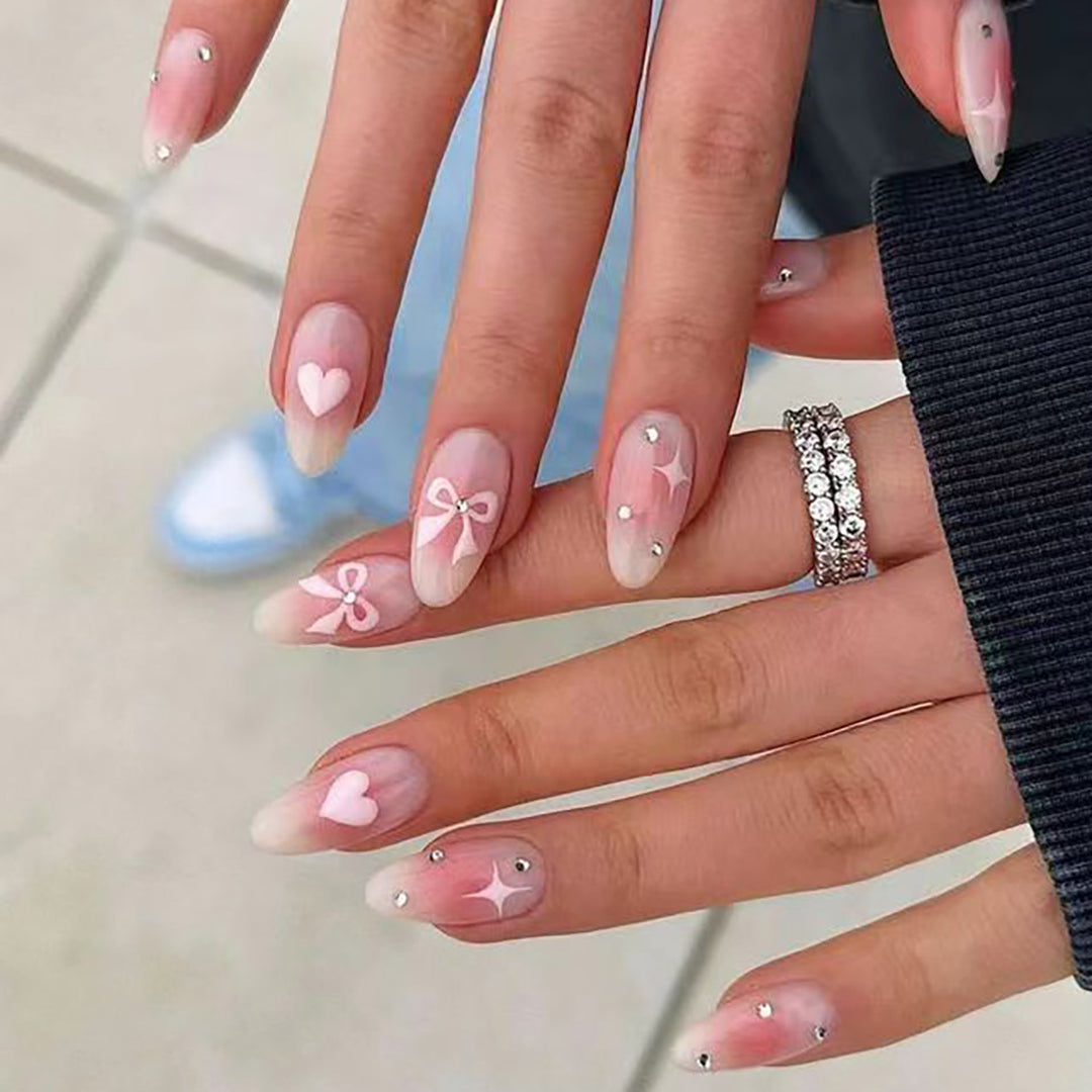 Decorative Press-On Nail Art Set with Heart and Bow Accents Kalsten