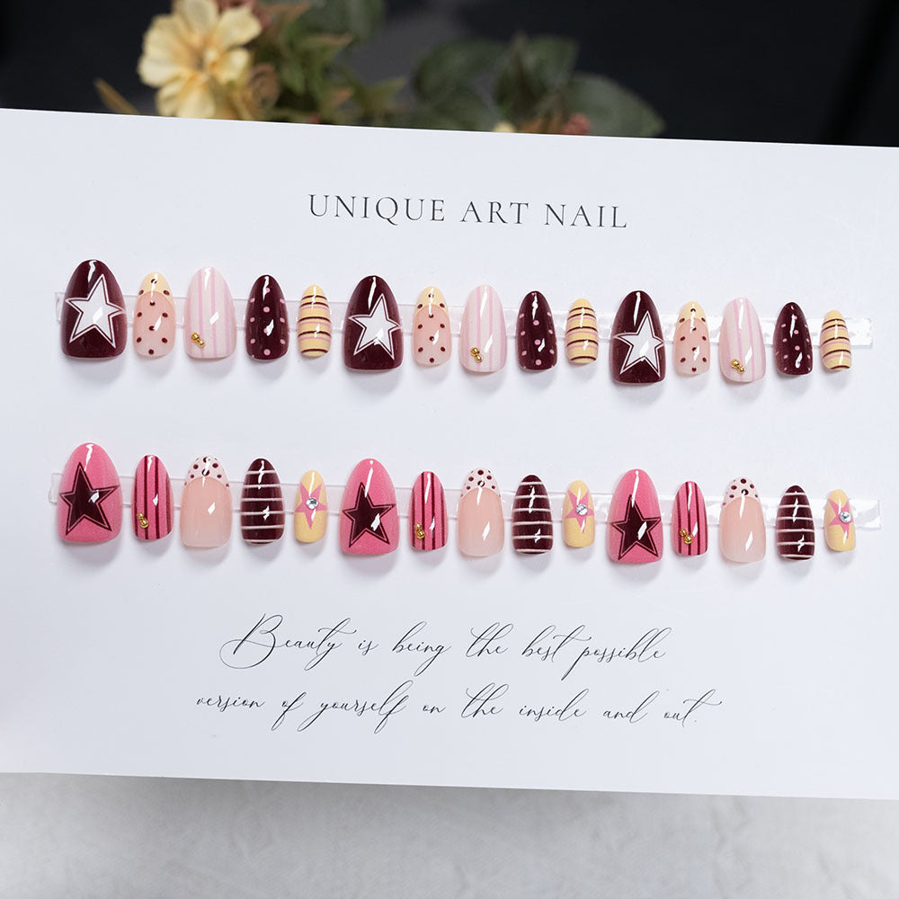 Artistic Press-On Nail Set with Star and Abstract Designs