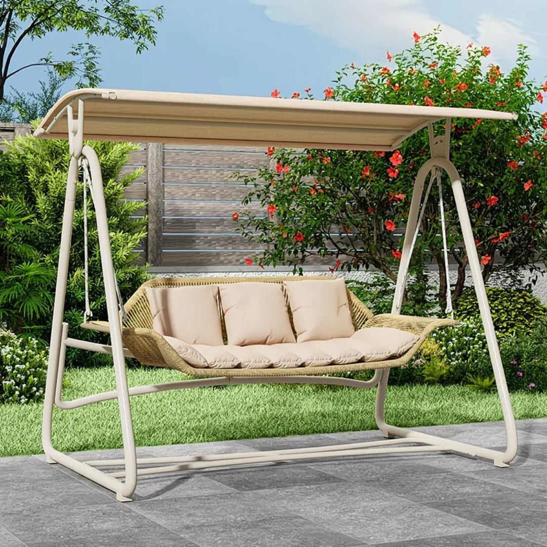 Woven rattan outdoor swing loveseat with padded cushions and powder-coated steel frame Kalsten