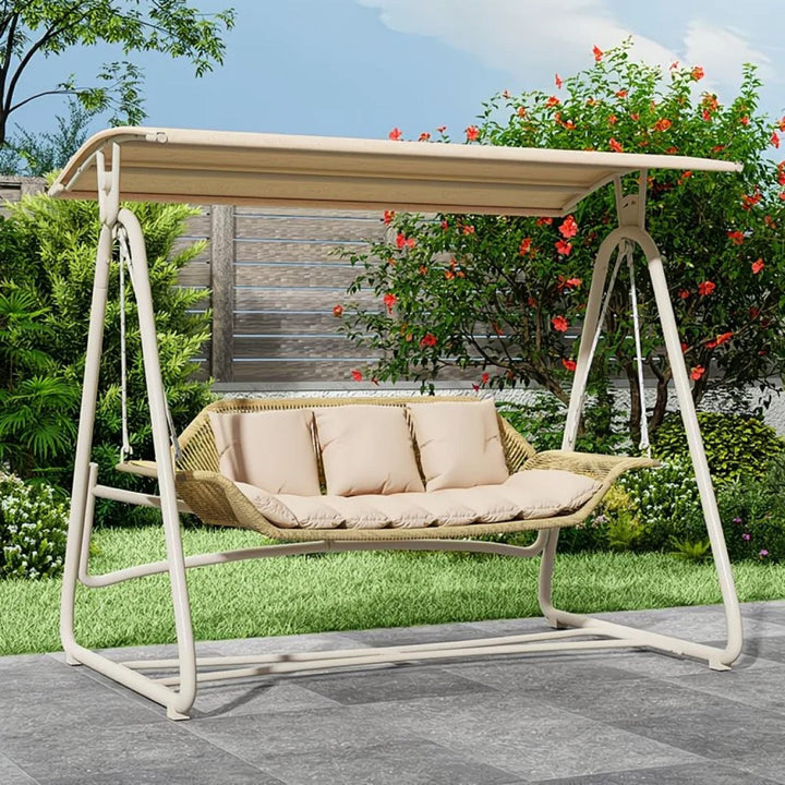 Woven rattan outdoor swing loveseat with padded cushions and powder-coated steel frame Kalsten