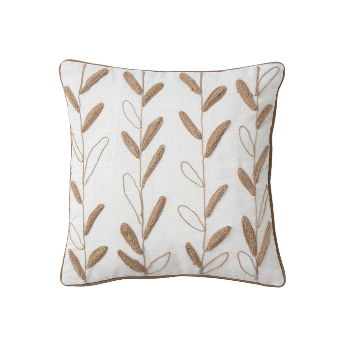 Decorative linen cushion with hand-stitched jute application