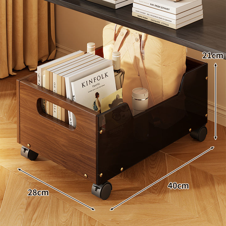 Mobile Wire Mesh Storage Crate with Walnut-Style Wooden Side and Locking Swivel Wheels