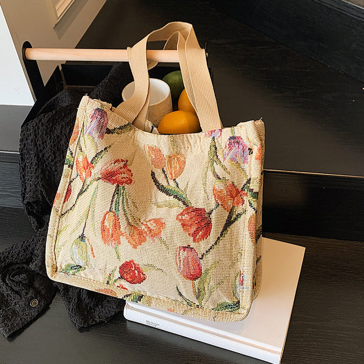 Floral Embroidered Shoulder Tote Bag