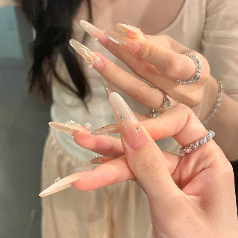 Elegant Stiletto Press-On Nails with Decorative Bow and Rhinestone Accents Kalsten