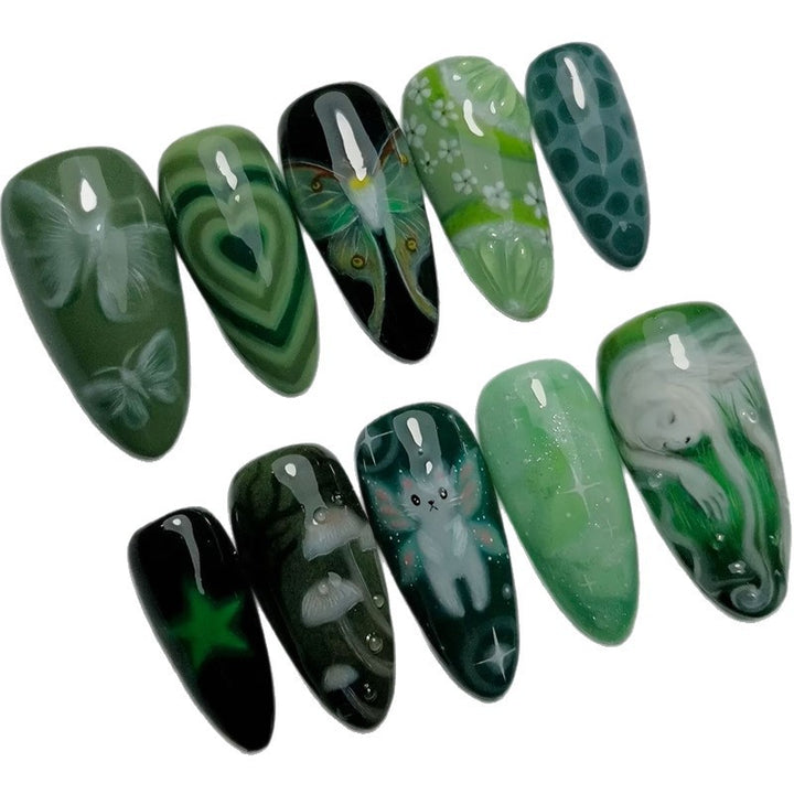Artistic Green-Themed Acrylic Nail Enhancements Kalsten