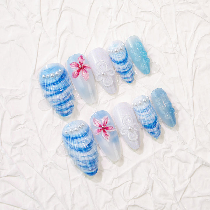 Artistic Floral and Shell-Design Press-On Nail Art Set Kalsten