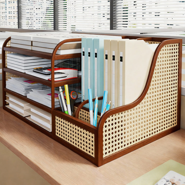 Modular Wooden Desk Organizer with Acrylic File Sorter and Pen Compartments