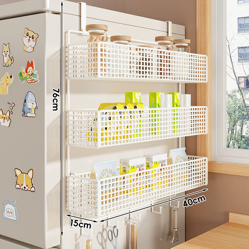 Over-Refrigerator Vertical Hanging Mesh Storage Rack with Deep Baskets and Hook Rail