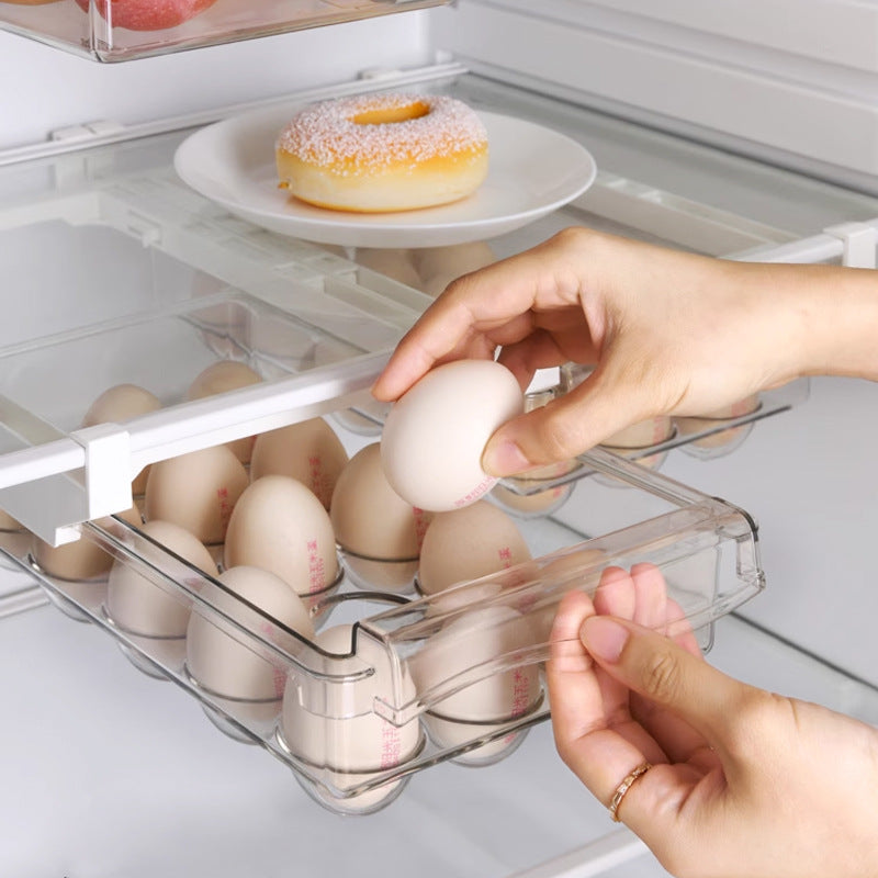 Transparent refrigerator egg drawer organizer with pull-out flap and stackable design