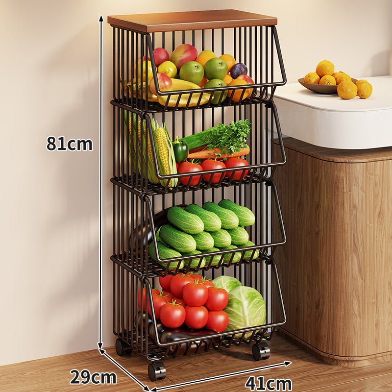 Compact Triple-Tier Rolling Wire Vegetable and Fruit Storage Cart with Wooden Top