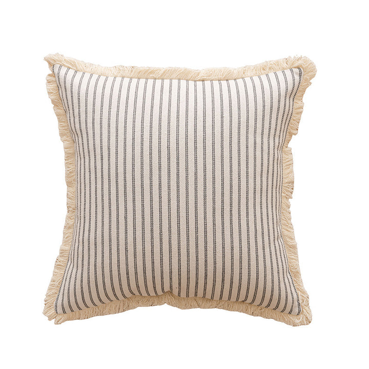 Square Striped Canvas Throw Pillow with Natural Fringe Trim