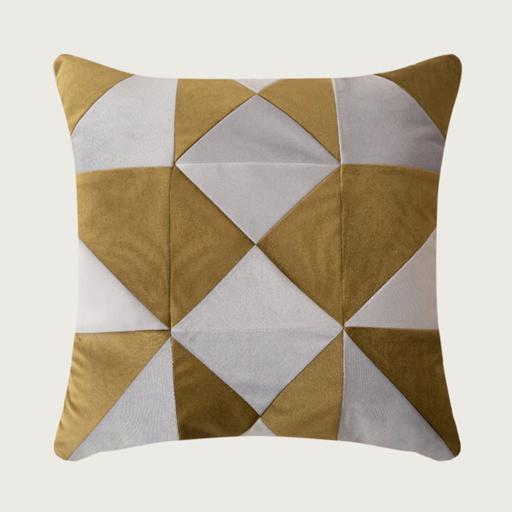 Square decorative cushion with striped velvet inlay and geometric pleated look