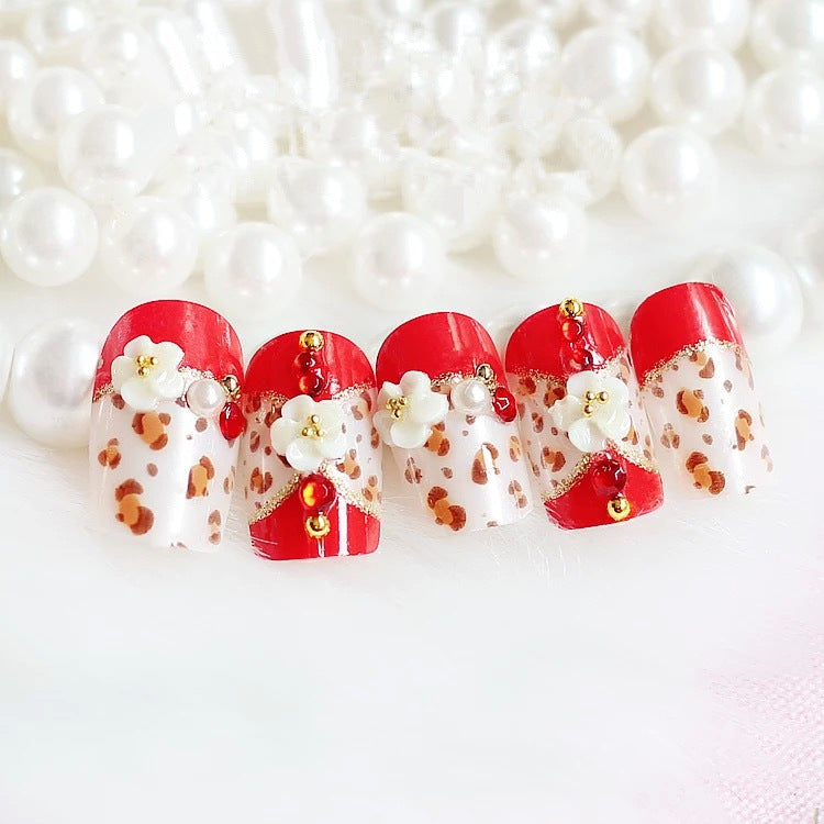 Artistic Press-On Nail Set with Floral and Animal Print Designs