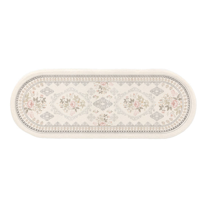 Oval Low-Pile Kitchen Runner Rug with Vintage Distressed Floral Jacquard and Non-Slip Backing