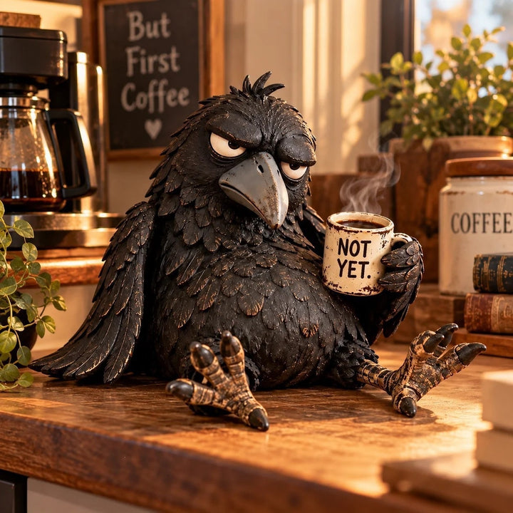 Quirky Raven Sculpture with Coffee Cup Kalsten