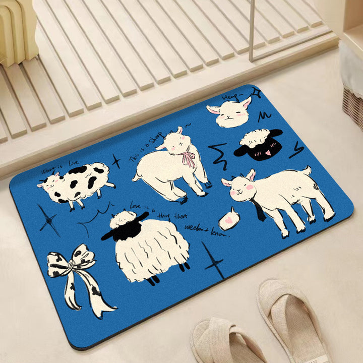 Reversible Plush Absorbent Bathroom Mat with Cartoon Sheep Illustration