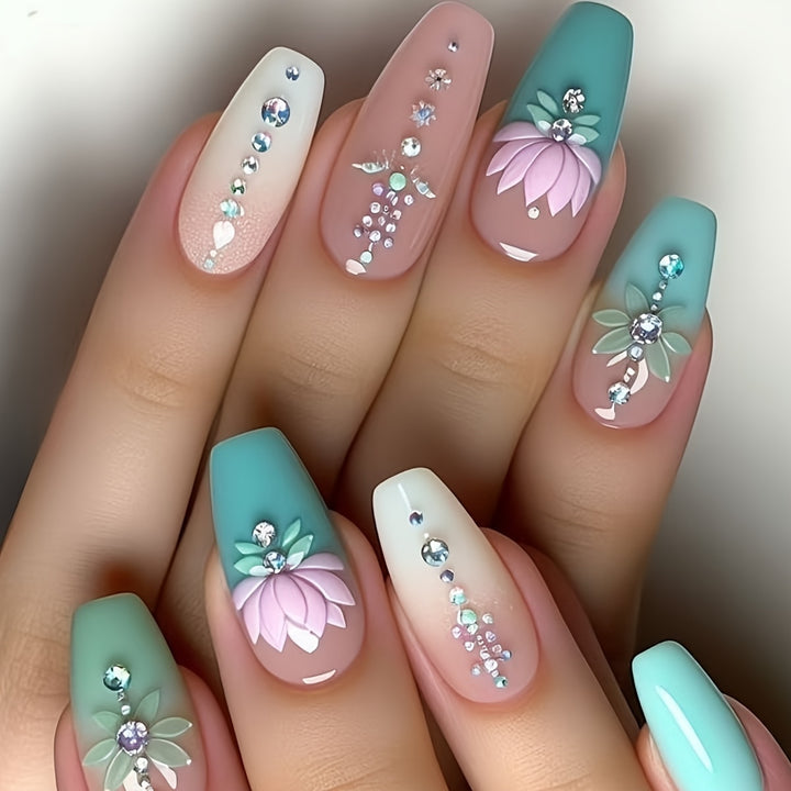 Floral and Gemstone Nail Art Extensions Kalsten
