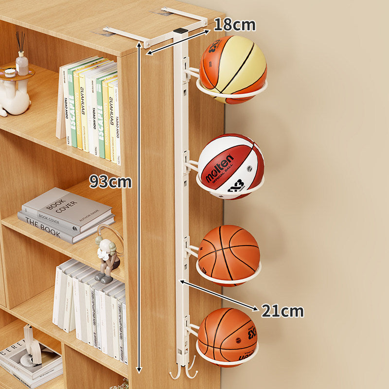 Multi-Ball Vertical Over-Shelf Sports Ball Organizer with Circular Cradles and Hook Storage