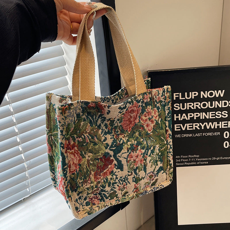 Floral Embroidered Tapestry Tote Bag