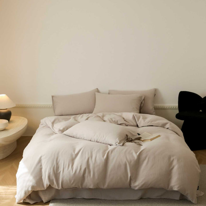 Breathable stonewashed bed linen set made of cotton-linen blend