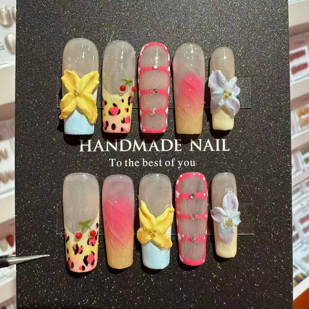 Artistic Floral Press-On Nail Set with Decorative Elements