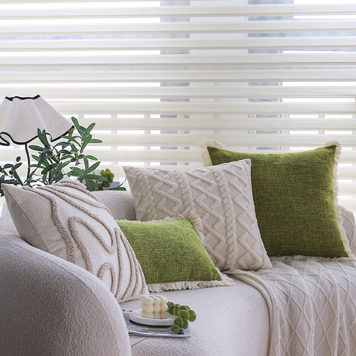 Rectangular cushion cover with woven linen look and decorative fringed edge Kalsten