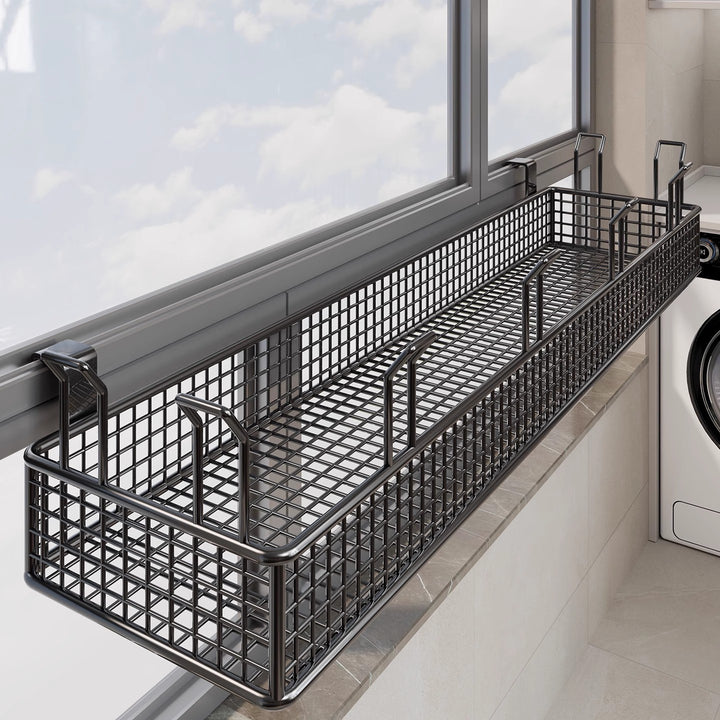 Window-Rail Hanging Shoe Storage Basket with Ventilated Grid and Adjustable Clamp Hooks