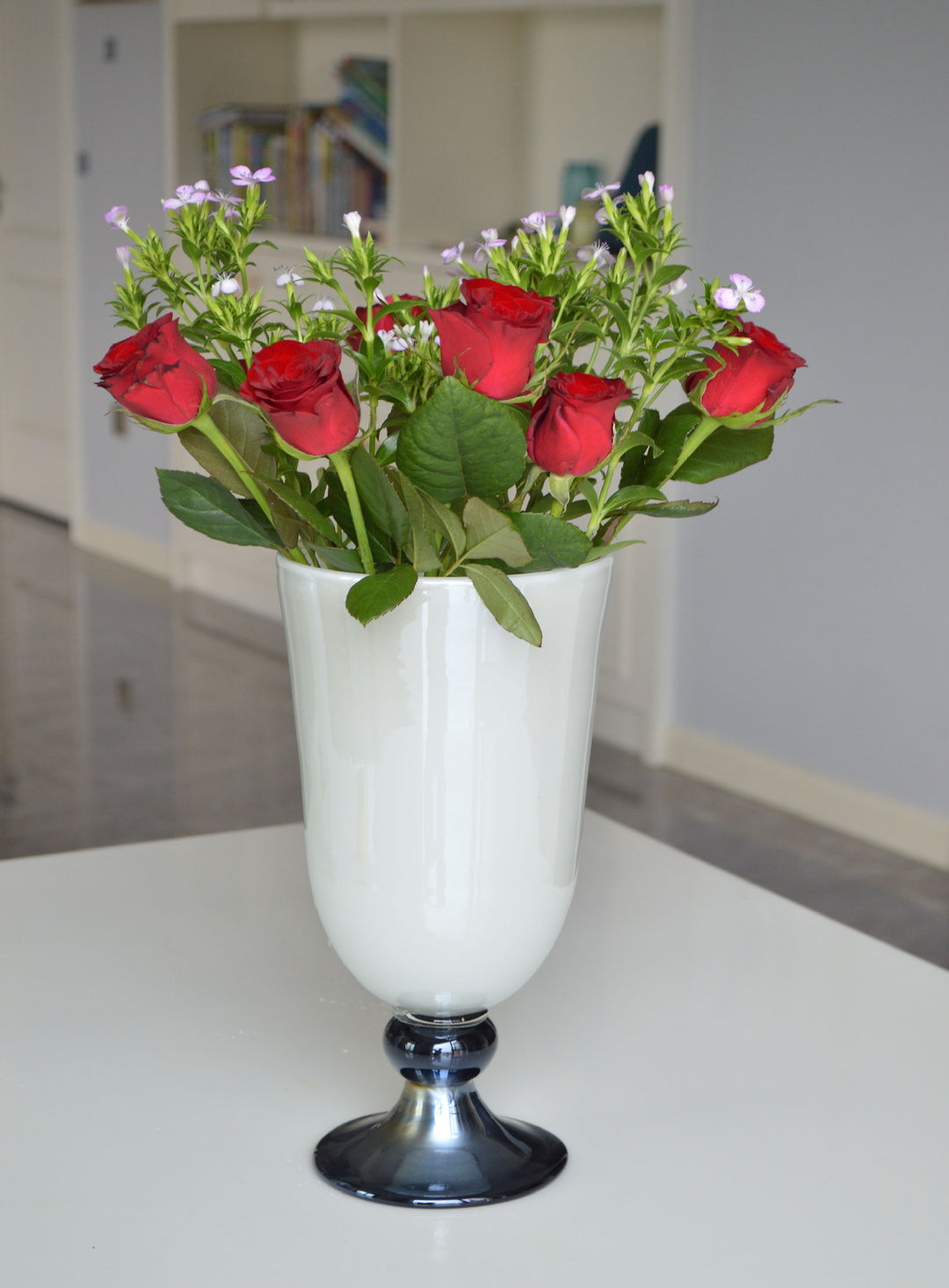 Handblown Fluted Pedestal Art Glass Trumpet Vase Kalsten
