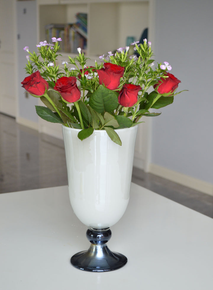 Handblown Fluted Pedestal Art Glass Trumpet Vase Kalsten