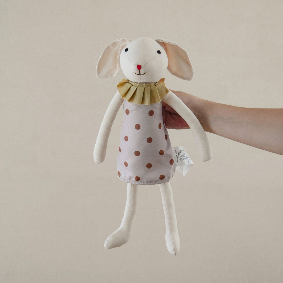 Handmade Linen Bunny Soft Cloth Doll with Embroidered Overalls