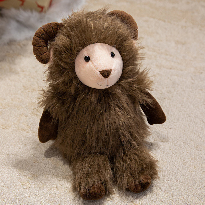 Plush Fluffy Ram-Inspired Teddy with Long Faux-Fur Coat and Embroidered Face Kalsten