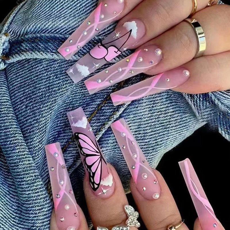 Decorative Press-On Nail Art Set with Butterfly Accents