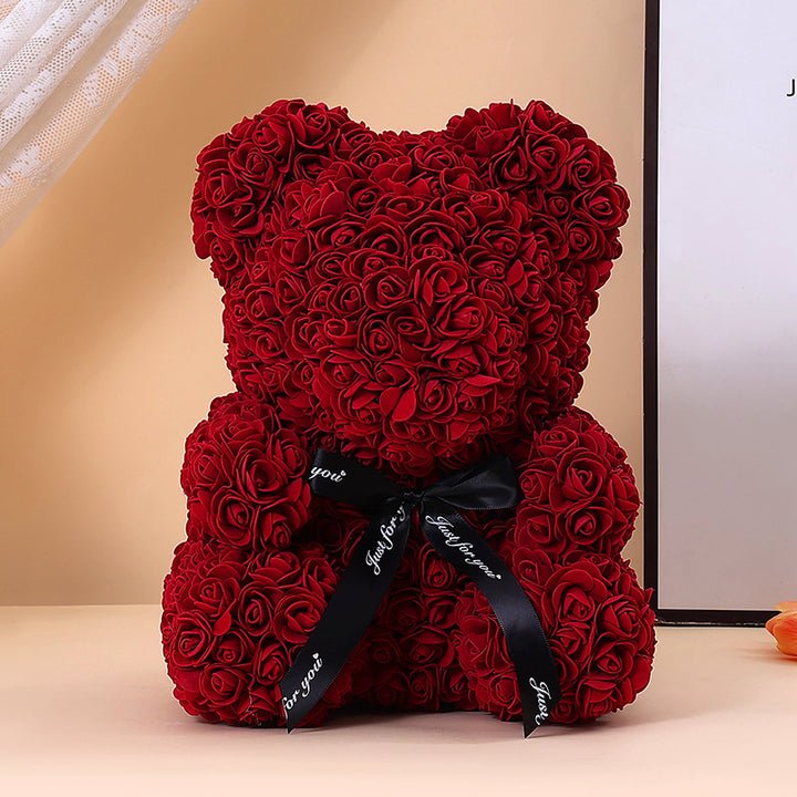 Foam Rose Teddy Bear Gift Sculpture With Satin Ribbon Bow