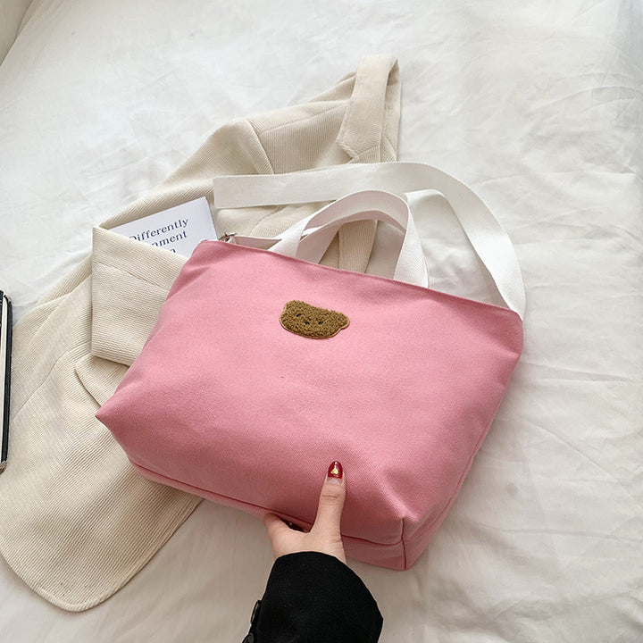 Casual Canvas Tote Bag with Cute Bear Applique