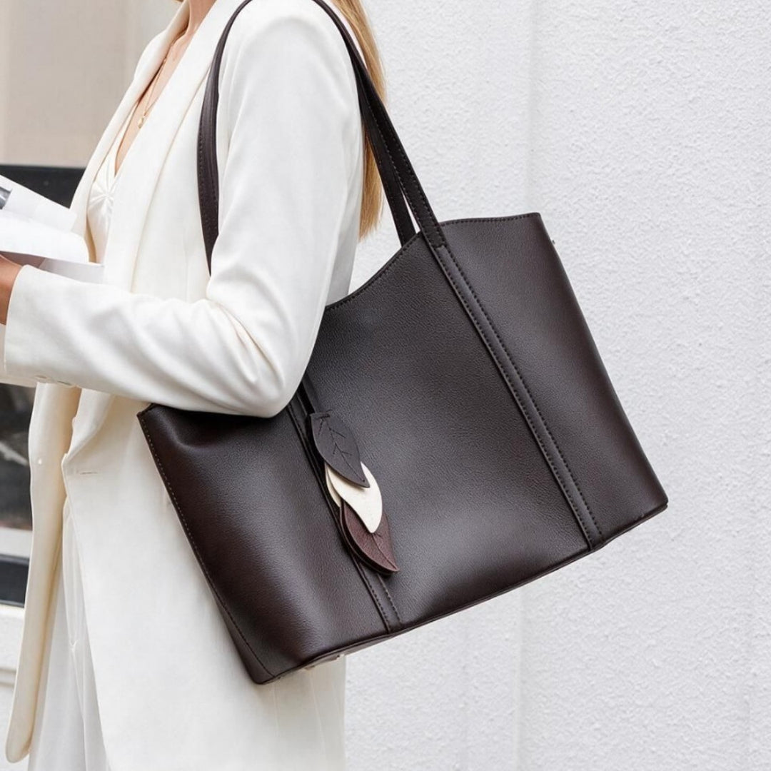 Pebbled Vegan Leather Structured Tote with Leaf Charm & Long Shoulder Straps