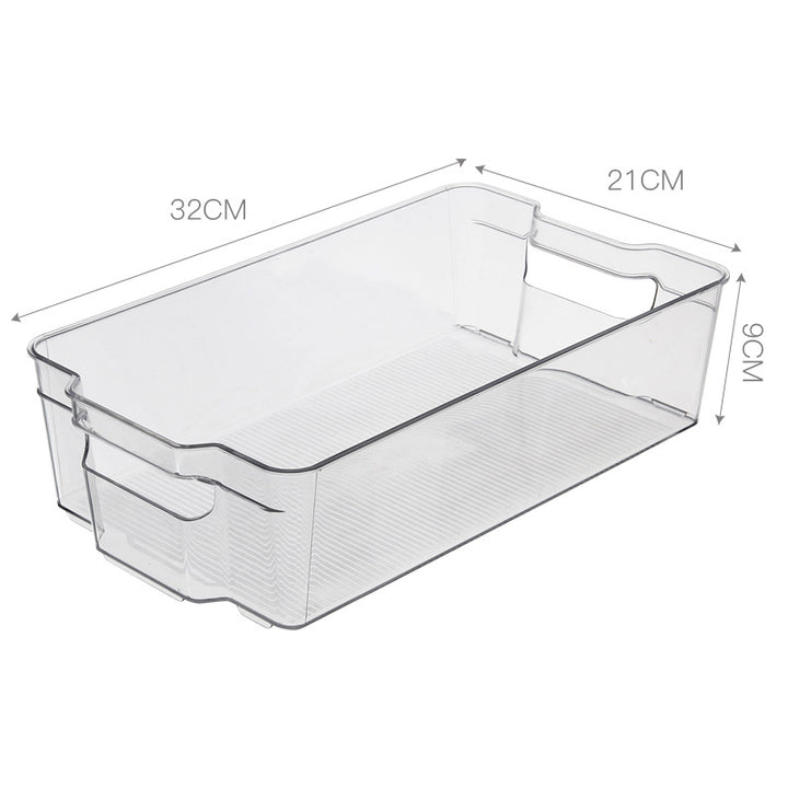 Transparent, flat storage box with handles and non-slip ribbed bottom