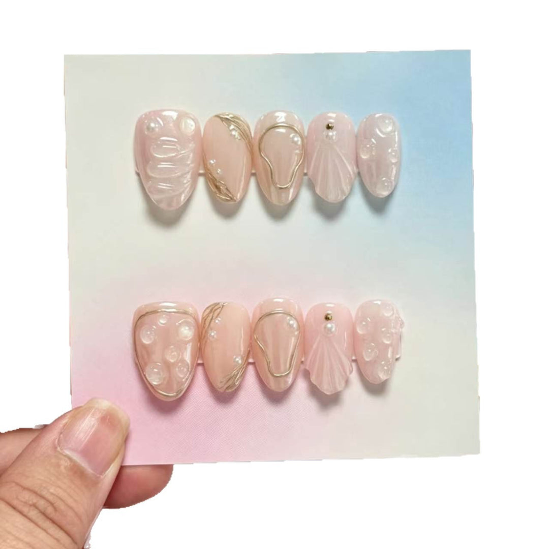 Artistic Press-On Nail Set with Elegant Pearl and Glossy Accents