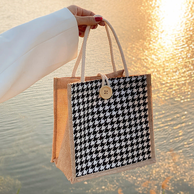 Houndstooth Patterned Canvas Tote Bag