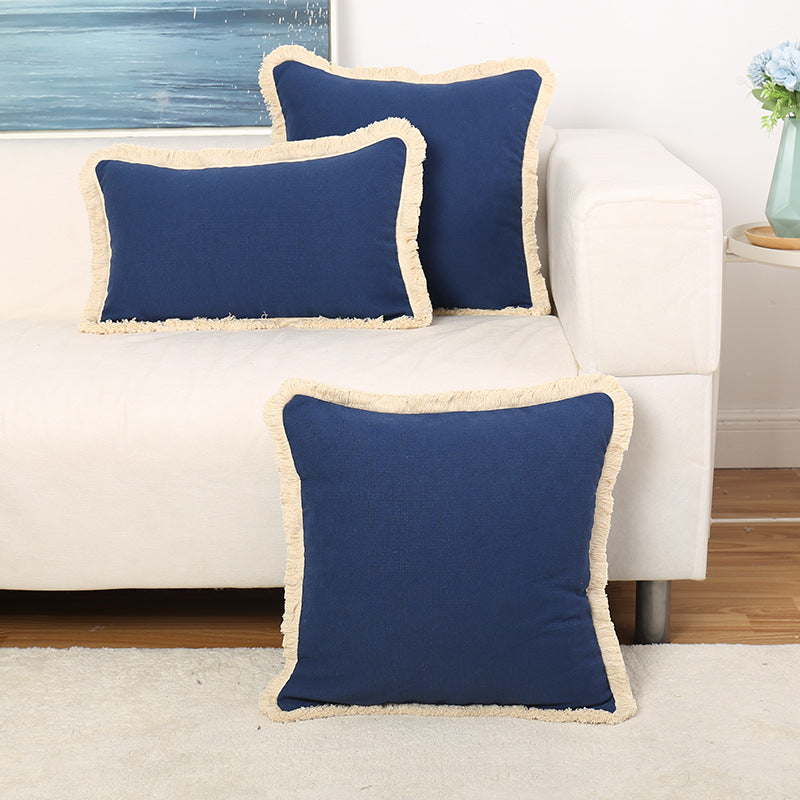 Fringed Linen-Texture Throw Pillow Covers with Hidden Zipper and Brush Fringe