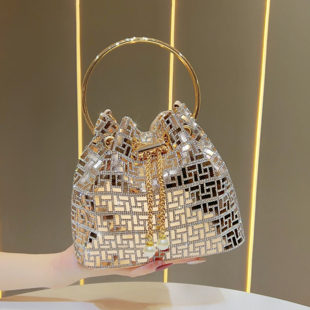 Rhinestone-Embellished Bucket Bag