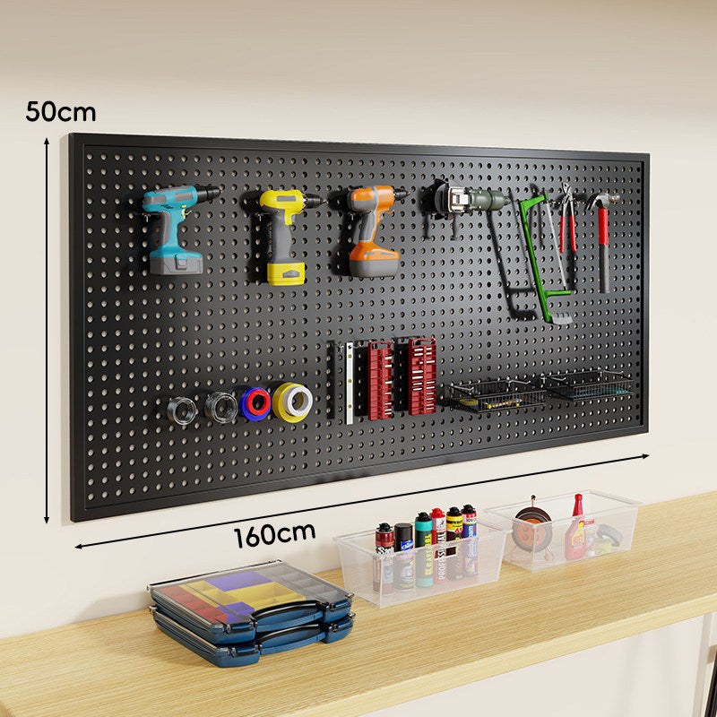 Wall-Mounted Perforated Metal Tool Pegboard Organizer Panel with Modular Hooks and Wire Baskets