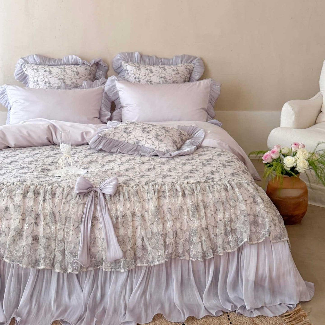 Romantic satin bedding set with ruffles and lace bedspread
