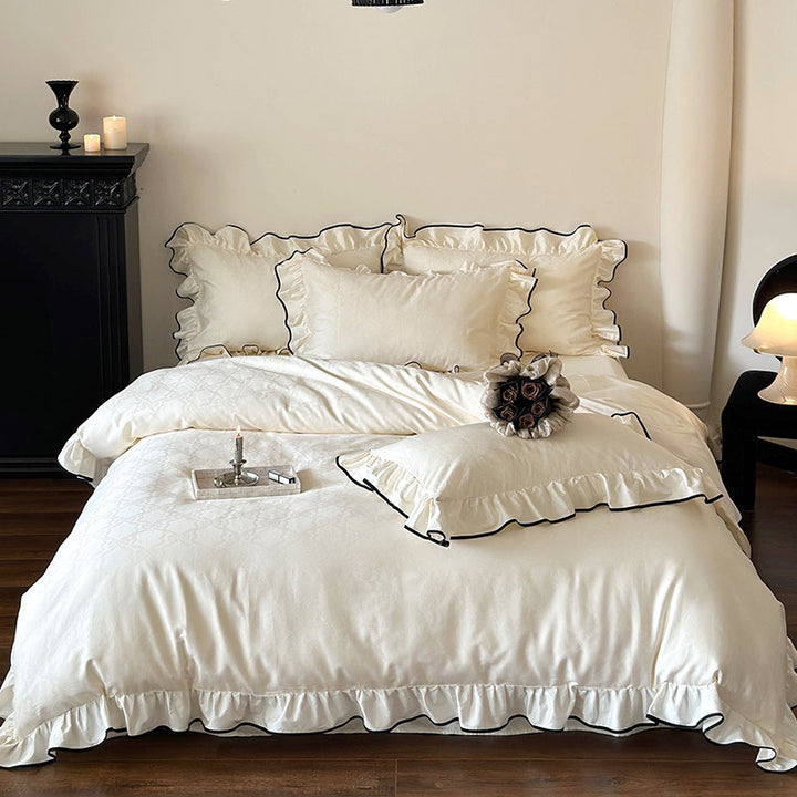Luxurious cotton satin bedding set with ruffles and contrasting piping