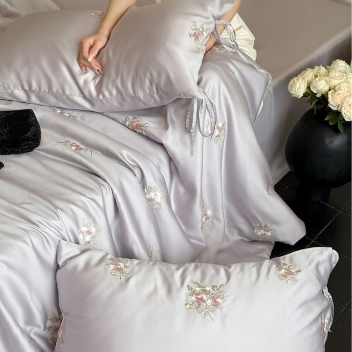 Luxurious Embroidered Satin Bedding Set with Rose Pattern and Ribbon Pillow